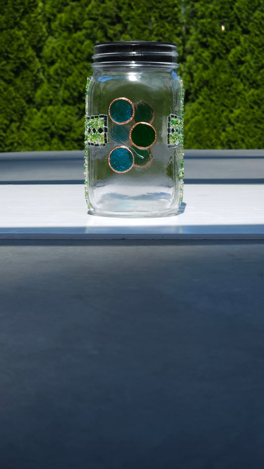 Handmade Mosaic Cross Solar Light Jar – Dark Green Glass Beads & Copper Accents