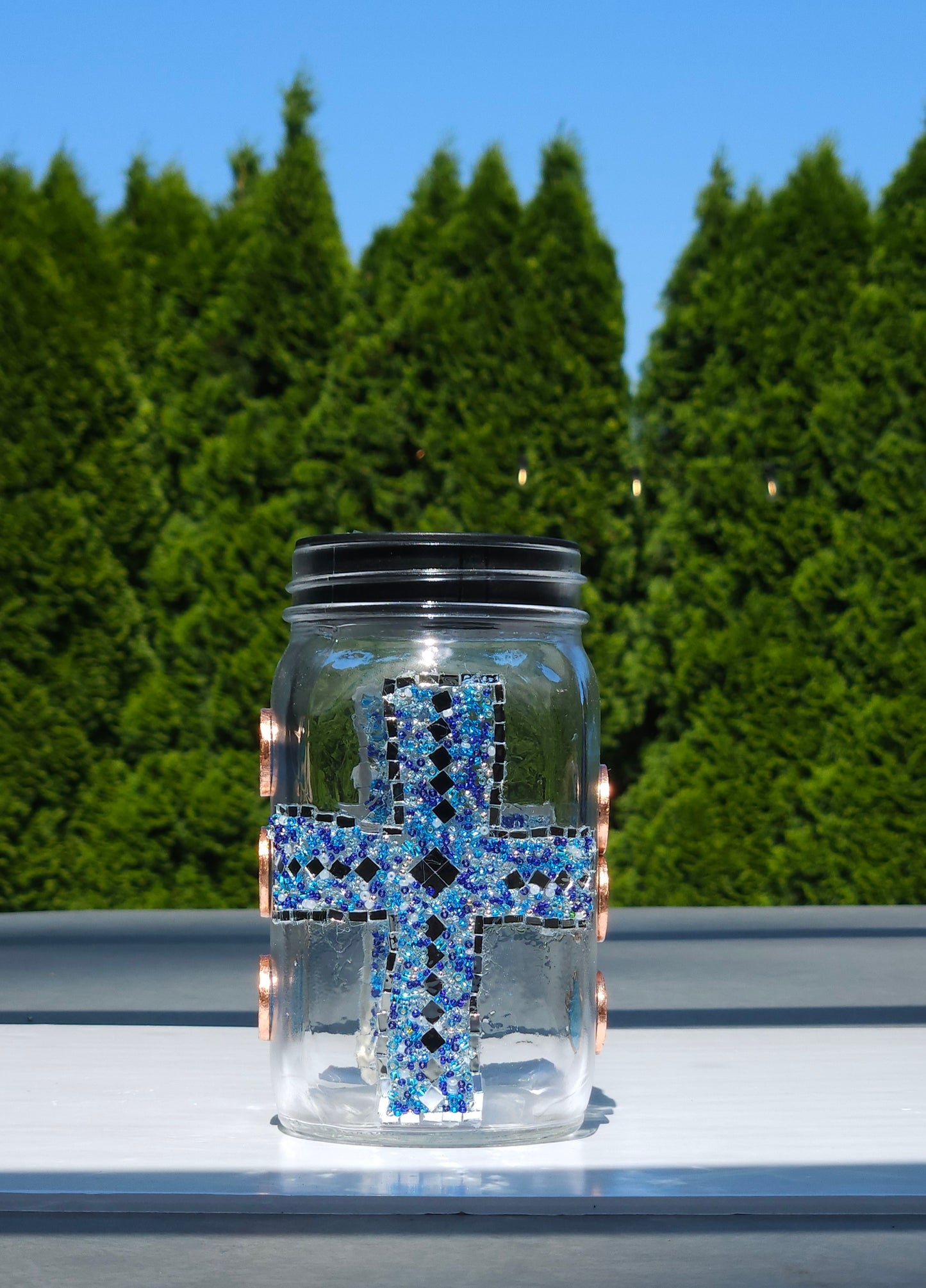 Handmade Mosaic Cross Solar Light Jar – Dark Blue Glass Beads & Copper Accents