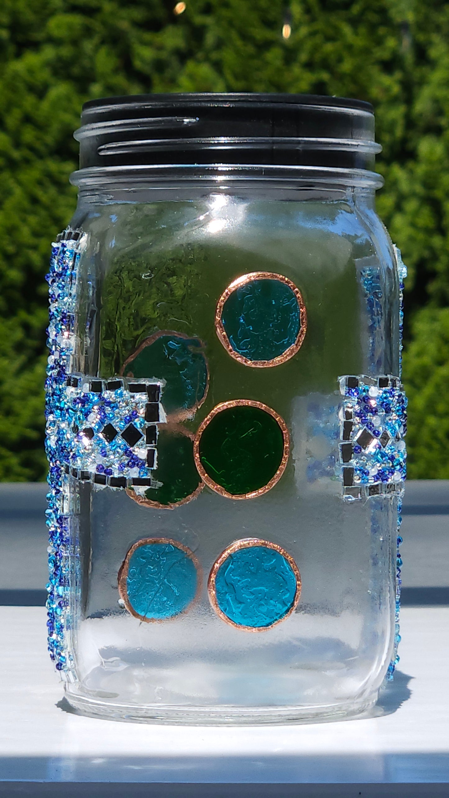 Handmade Mosaic Cross Solar Light Jar – Dark Blue Glass Beads & Copper Accents
