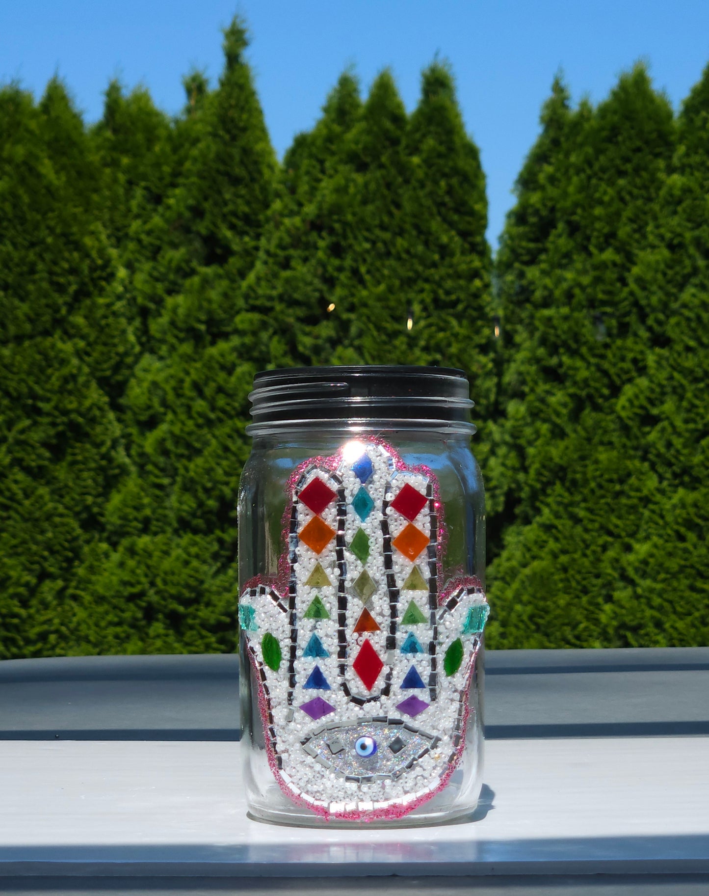 Chakra Hamsa Mosaic Solar Light Jar β Rainbow Energy & Evil Eye Protection