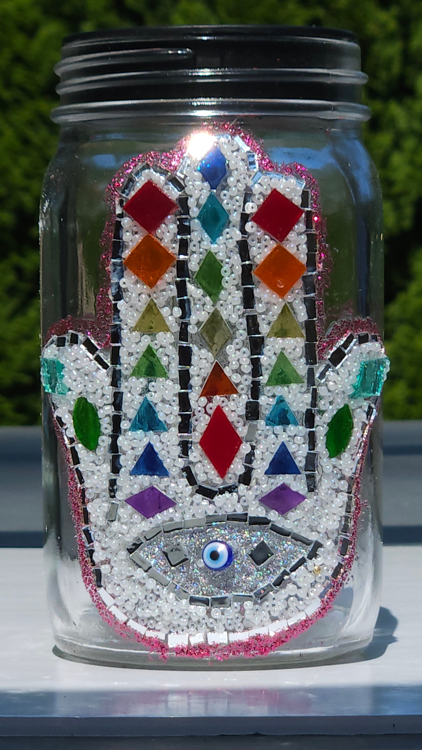 Chakra Hamsa Mosaic Solar Light Jar β Rainbow Energy & Evil Eye Protection