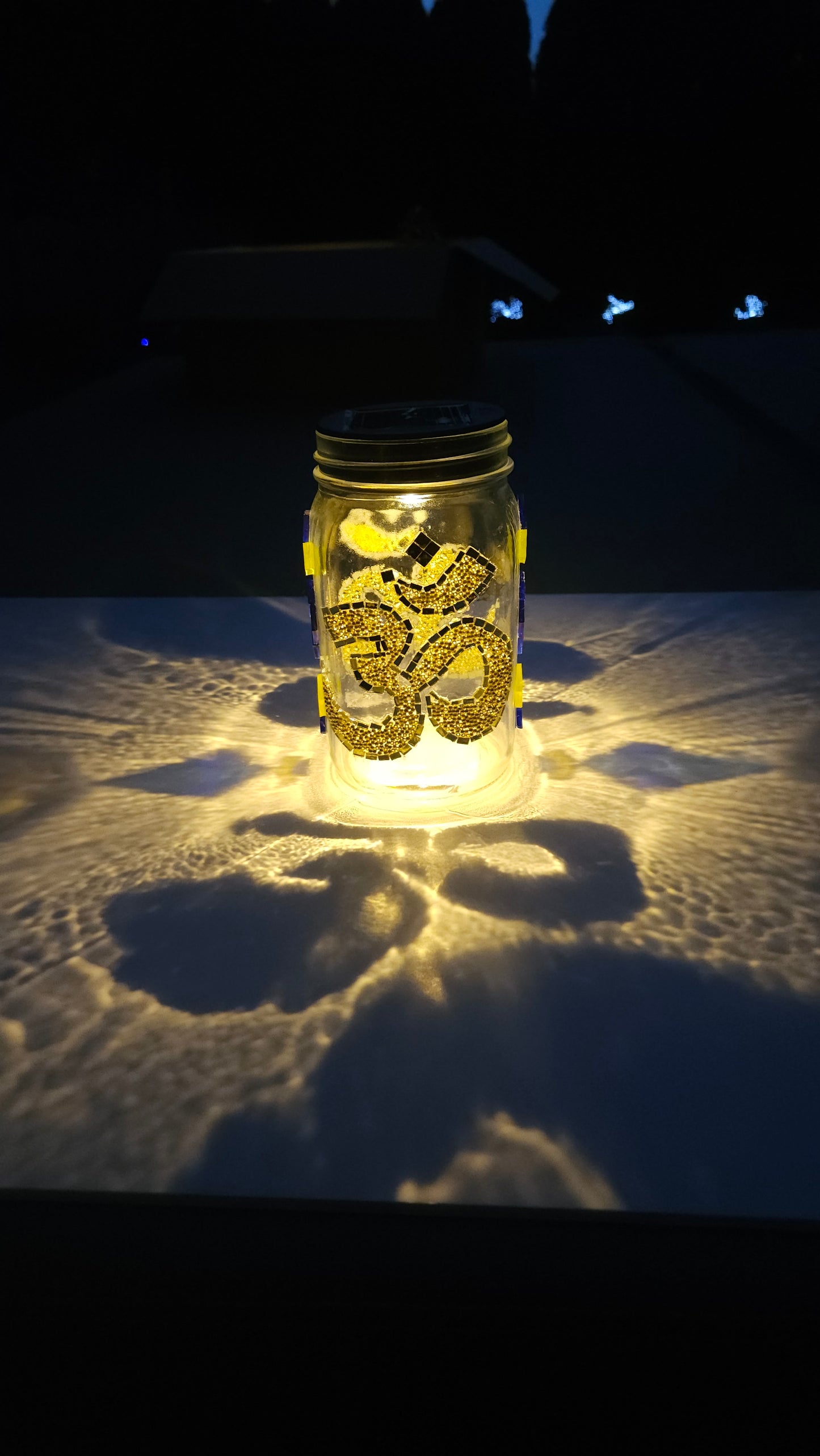 Om Mosaic Solar Light Jar – Gold Meditation Lantern with Spiritual Glow