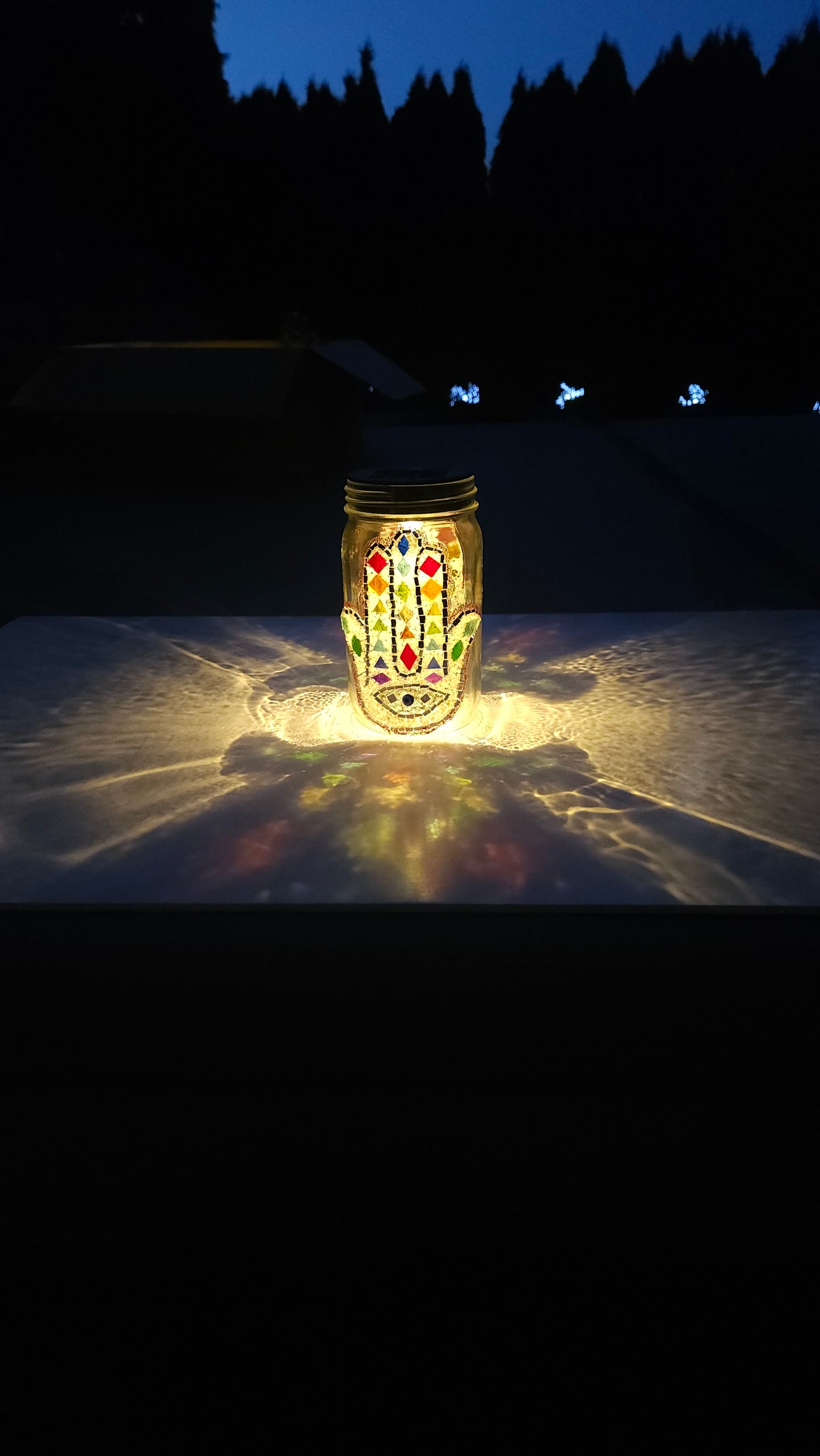 Chakra Hamsa Mosaic Solar Light Jar β Rainbow Energy & Evil Eye Protection