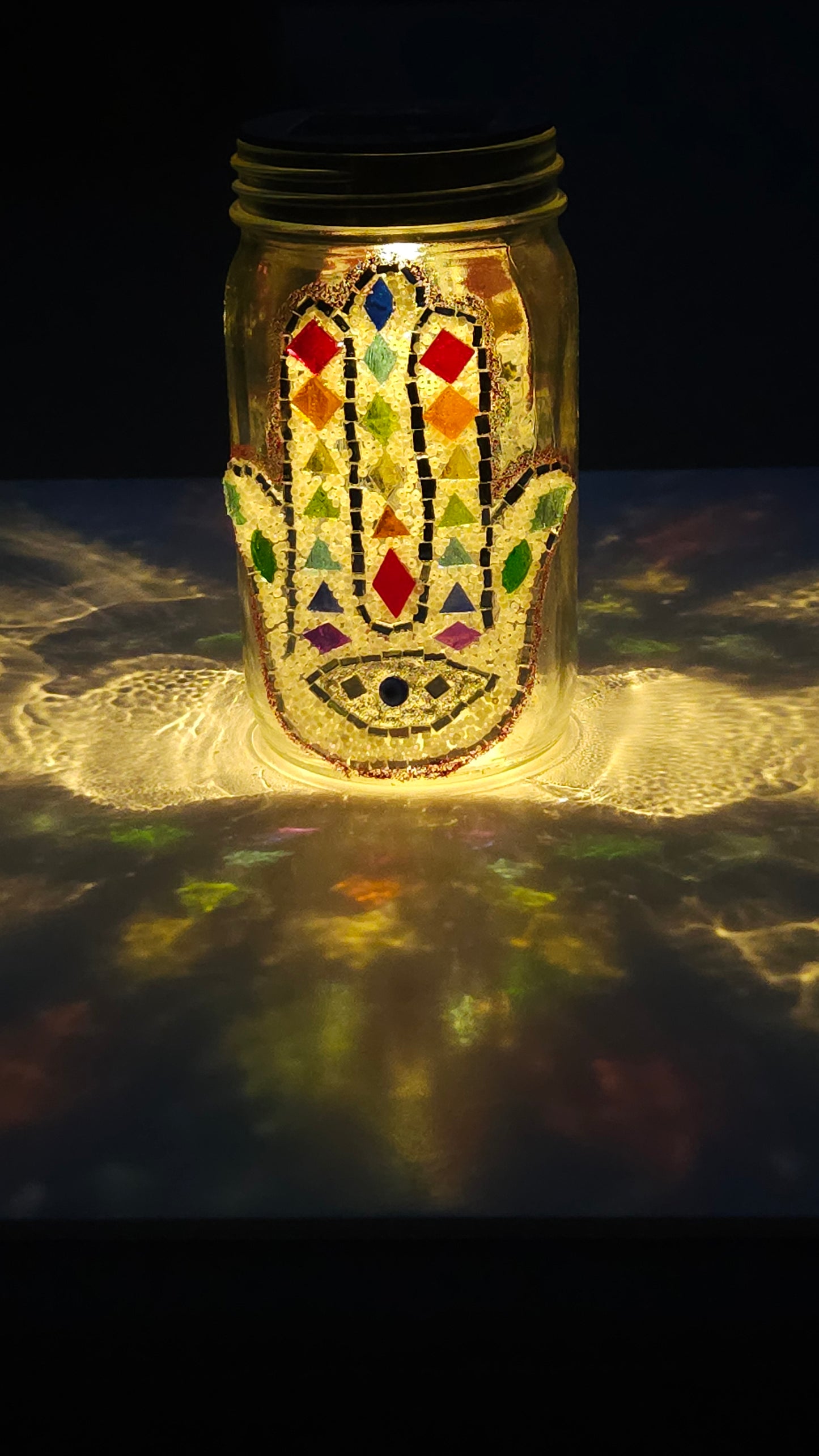 Chakra Hamsa Mosaic Solar Light Jar β Rainbow Energy & Evil Eye Protection