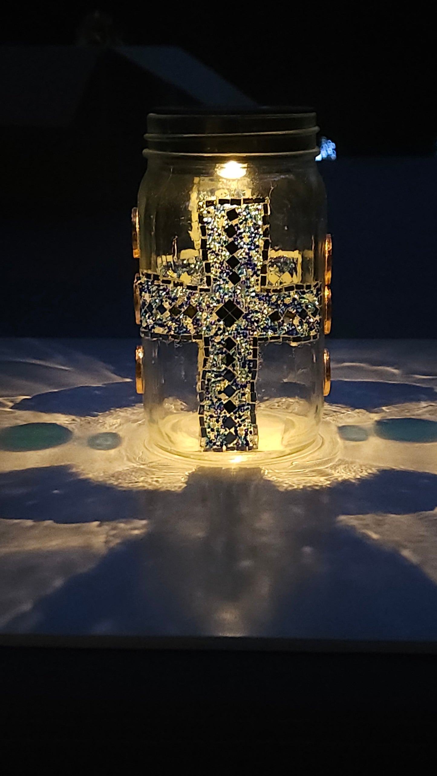 Handmade Mosaic Cross Solar Light Jar – Dark Blue Glass Beads & Copper Accents