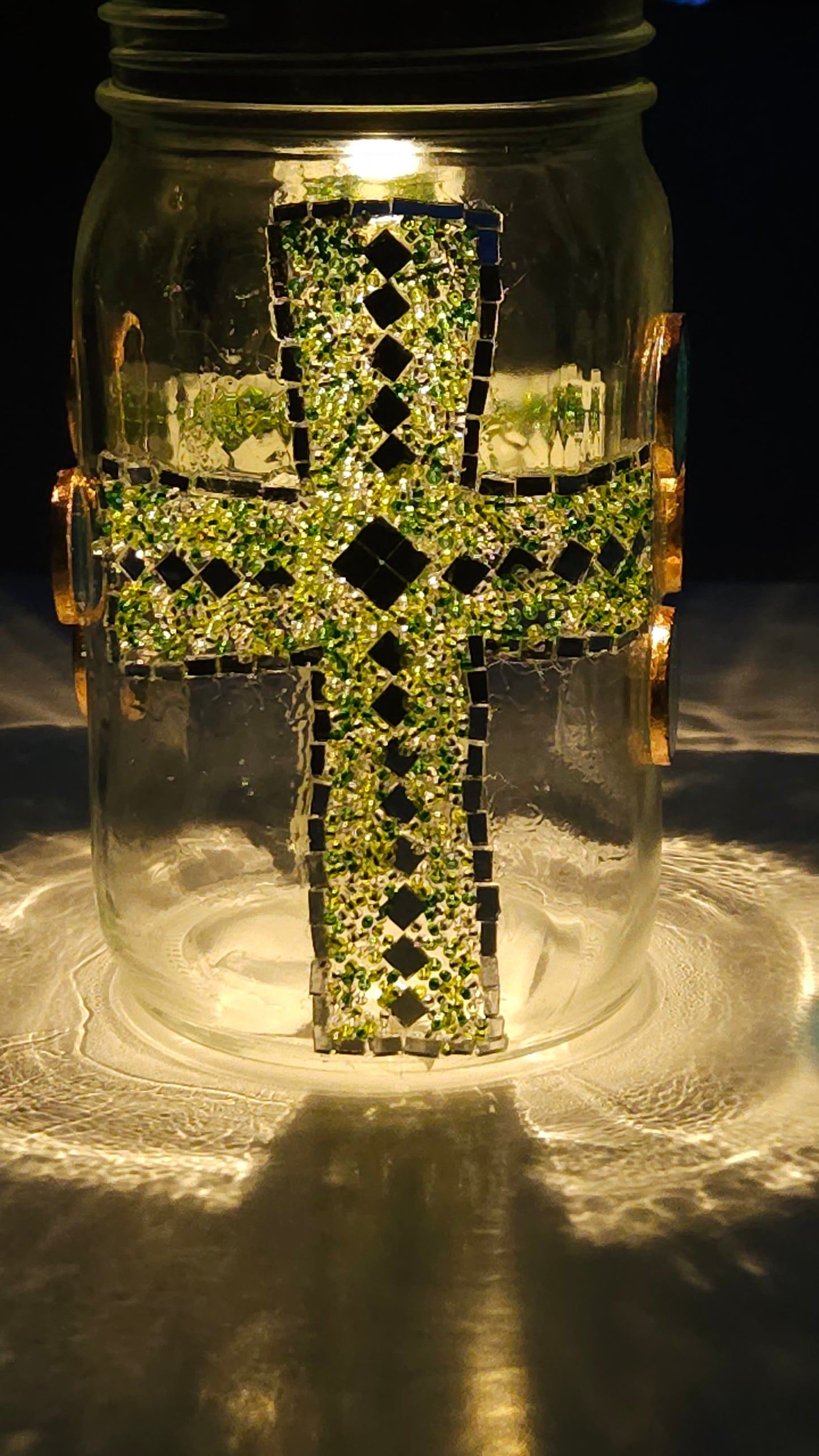 Handmade Mosaic Cross Solar Light Jar – Dark Green Glass Beads & Copper Accents