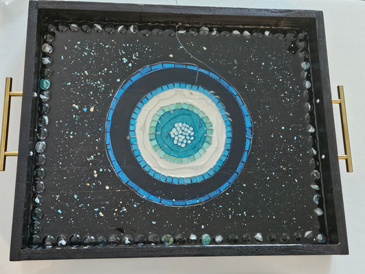 Handcrafted Evil Eye Resin Mosaic Tray – Black & Blue with Gold Handles with fairy lights