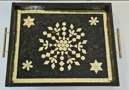 Gold Geometric Mosaic Resin Tray – Handcrafted Black & Gold Art with Brass Handles
