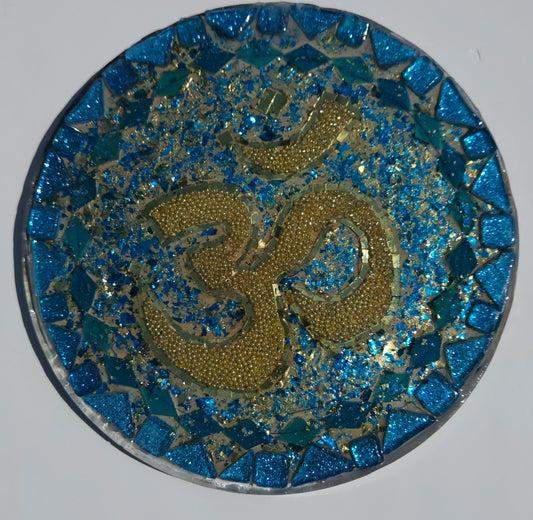 Handcrafted Om 🕉️ Mosaic Wall Art – Resin, Beads & Glass Tile Turquoise Glitter