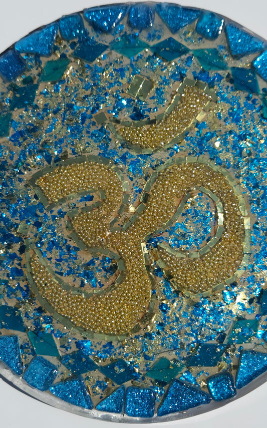 Handcrafted Om 🕉️ Mosaic Wall Art – Resin, Beads & Glass Tile Turquoise Glitter