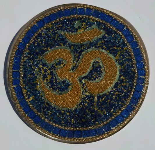 Handcrafted Om 🕉️ Mosaic Wall Art – Resin, Beads & Glass Tile Blue Cobalt