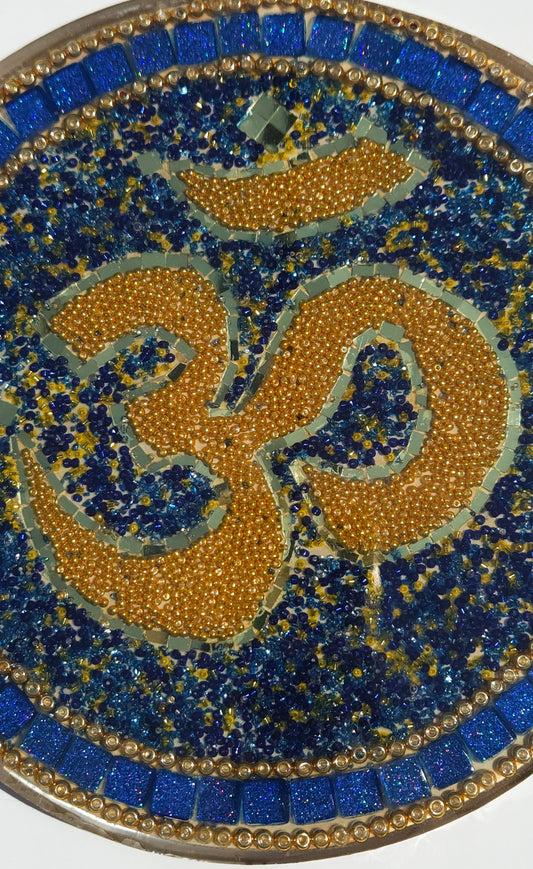 Handcrafted Om 🕉️ Mosaic Wall Art – Resin, Beads & Glass Tile Blue Cobalt
