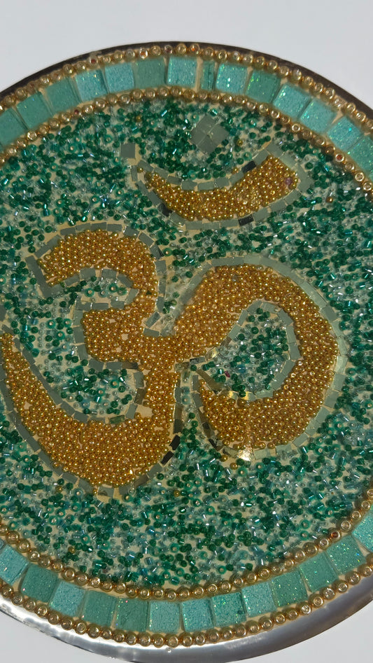 Handcrafted Om 🕉️ Mosaic Wall Art – Resin, Beads & Glass Tile Green Shimmer