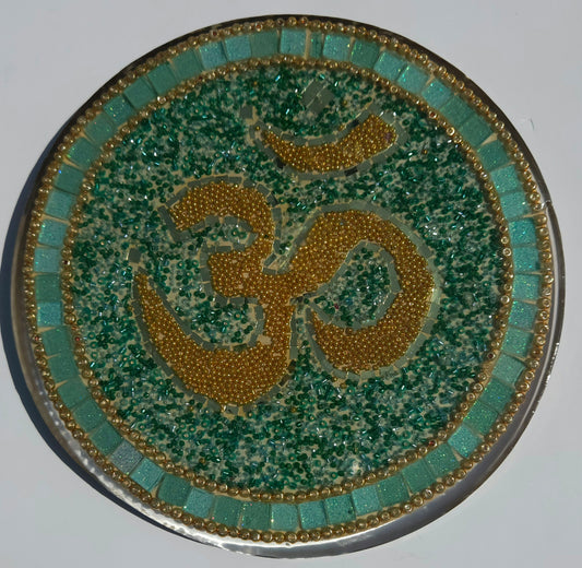 Handcrafted Om 🕉️ Mosaic Wall Art – Resin, Beads & Glass Tile Green Shimmer