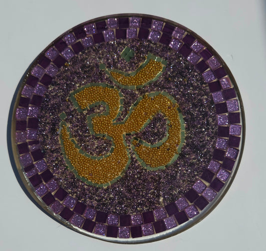 Handcrafted Om 🕉️ Mosaic Wall Art – Resin, Beads & Glass Tile Purple Glow