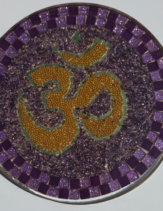 Handcrafted Om 🕉️ Mosaic Wall Art – Resin, Beads & Glass Tile Purple Glow