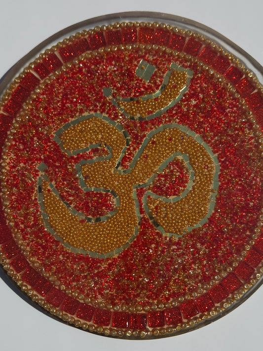Handcrafted Om 🕉️ Mosaic Wall Art – Resin, Beads & Glass Tile Red Glitter