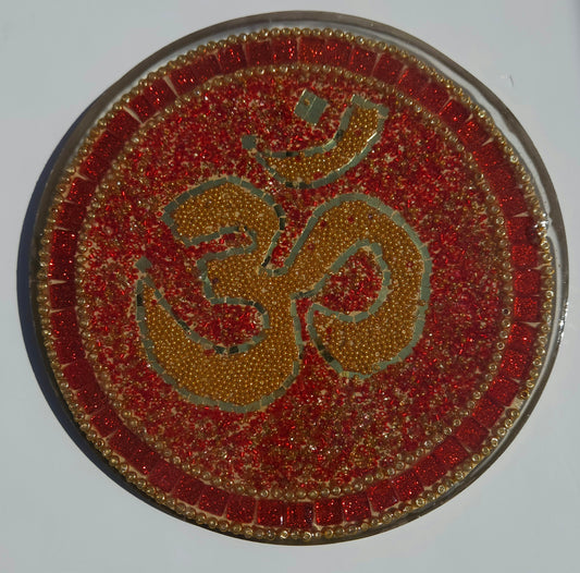 Handcrafted Om 🕉️ Mosaic Wall Art – Resin, Beads & Glass Tile Red Glitter