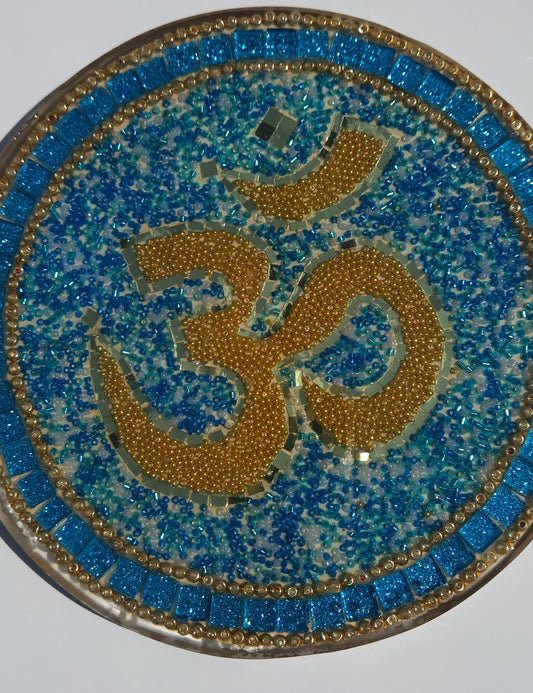 Handcrafted Om 🕉️ Mosaic Wall Art – Resin, Beads & Glass Tile Sky Blue Shine