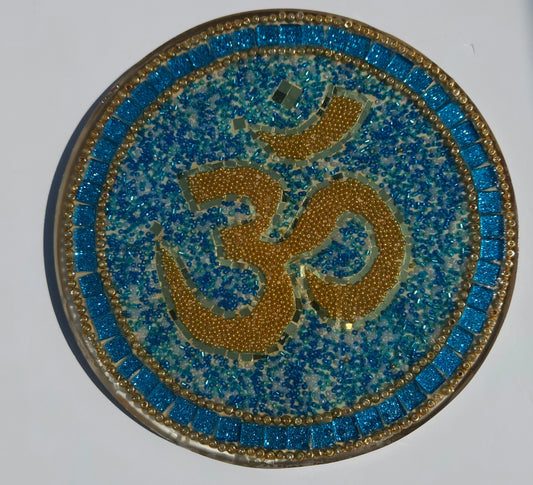 Handcrafted Om 🕉️ Mosaic Wall Art – Resin, Beads & Glass Tile Sky Blue Shine