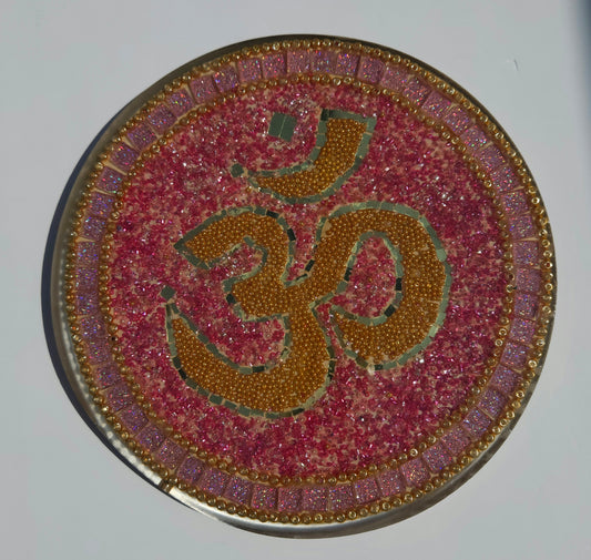 Handcrafted Om 🕉️ Mosaic Wall Art – Resin, Beads & Glass Tile Sky Pink Shimm