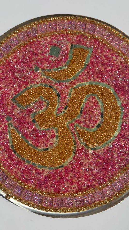 Handcrafted Om 🕉️ Mosaic Wall Art – Resin, Beads & Glass Tile Sky Pink Shimm
