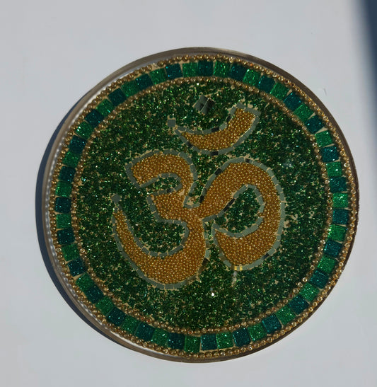 Handcrafted Om 🕉️ Mosaic Wall Art – Resin, Beads & Glass Tile Forest Green Shine