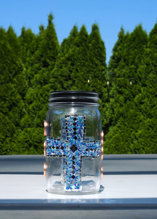 Handmade Mosaic Cross Solar Light Jar – Dark Blue Glass Beads & Copper Accents