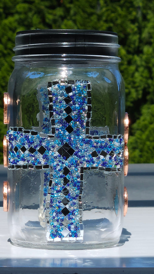 Handmade Mosaic Cross Solar Light Jar – Dark Blue Glass Beads & Copper Accents