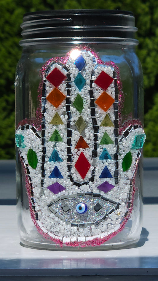 Chakra Hamsa Mosaic Solar Light Jar – Rainbow Energy & Evil Eye Protection