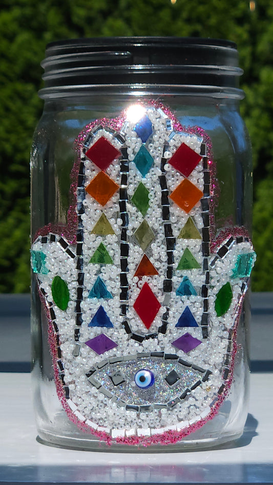 Chakra Hamsa Mosaic Solar Light Jar – Rainbow Energy & Evil Eye Protection